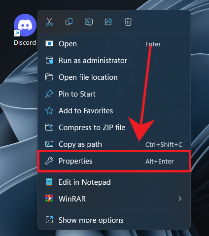 Opening shortcut Properties in Windows