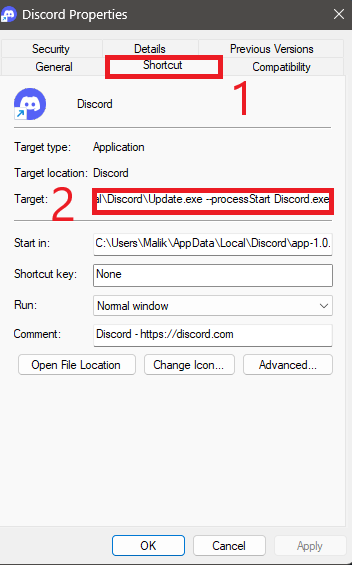 Shortcut Target field showing the current path