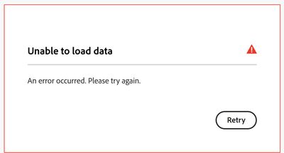 Adobe account page showing the 'Unable to load data' message in the Plans/Billing area